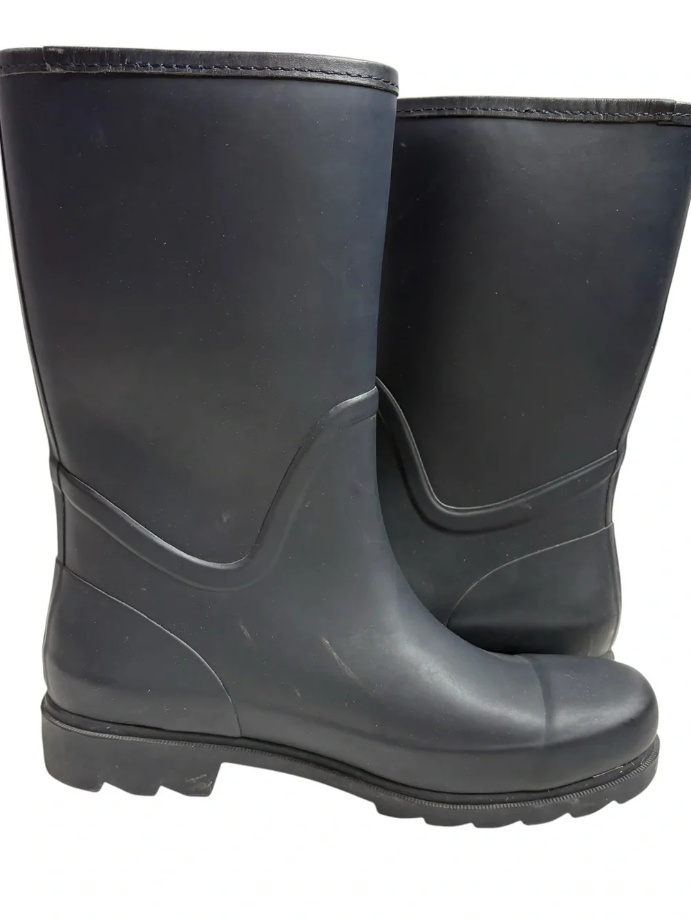 Tory Burch Navy Mid-Calf Rain Boots with Gold Logo